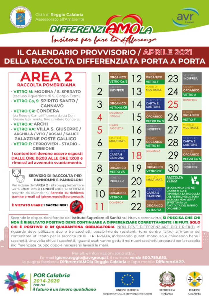 Reggio Calabria i CALENDARI della raccolta differenziata per il mese