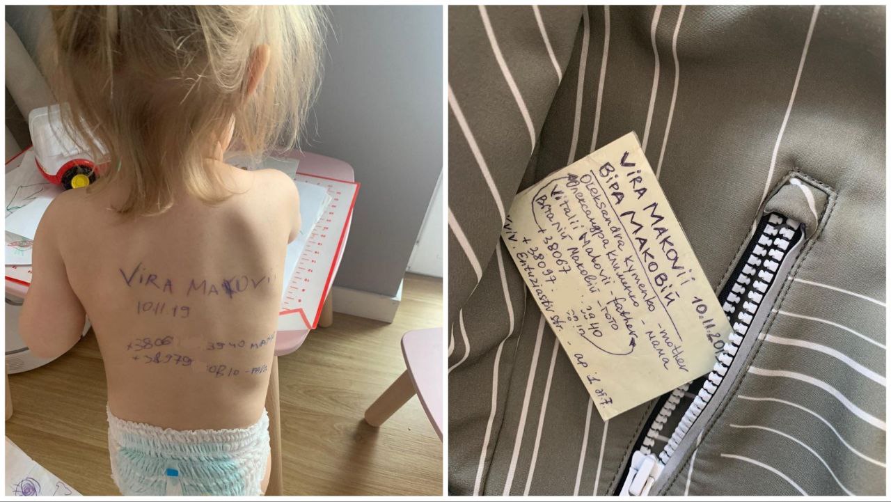 Madri ucraine scrivono nomi e contatti telefonici sulle schiene dei loro bambini