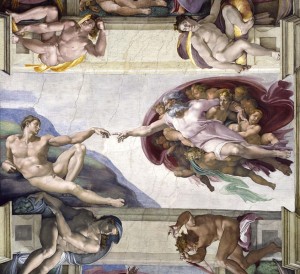 Michelangelo Buonarroti, Creazione di Adamo, affresco, 1508-12, Musei Vaticani, Cappella Sistina, volta