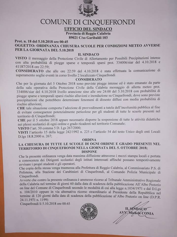 scuole chiuse cinquefrondi