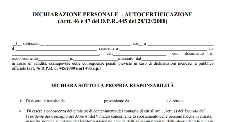 modulo autocertificazione