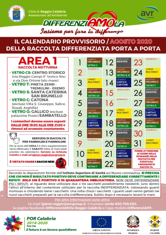 Reggio Calabria, i CALENDARI della raccolta differenziata porta a porta