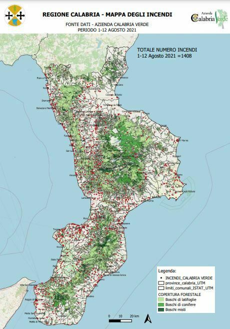 mappa incendi calabria verde
