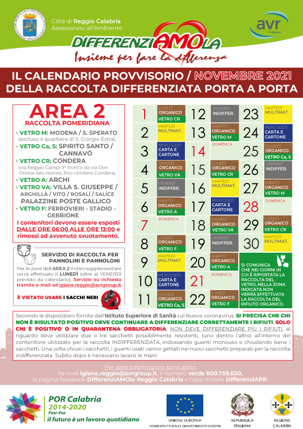 Reggio Calabria i CALENDARI della raccolta differenziata per il mese