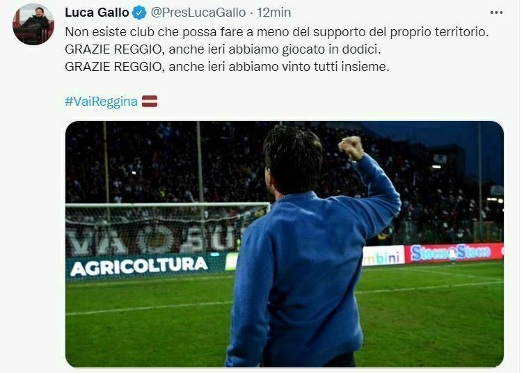 tweet luca gallo dopo reggina-parma