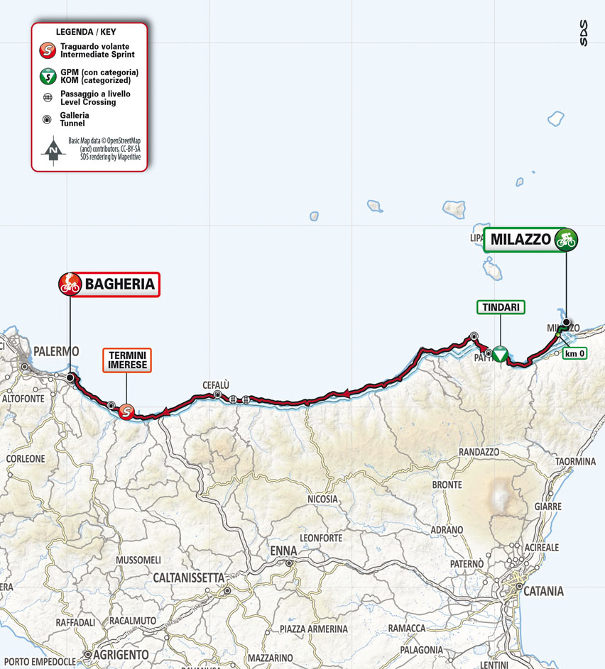 Planimetria prima tappa del Giro di Sicilia Milazzo-Bagheria