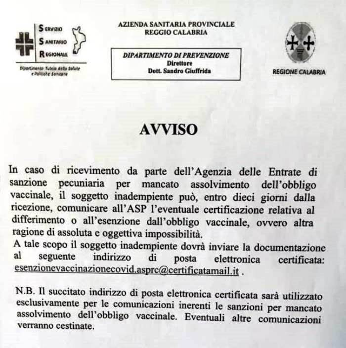 asp reggio calabria over 50 non vaccinati