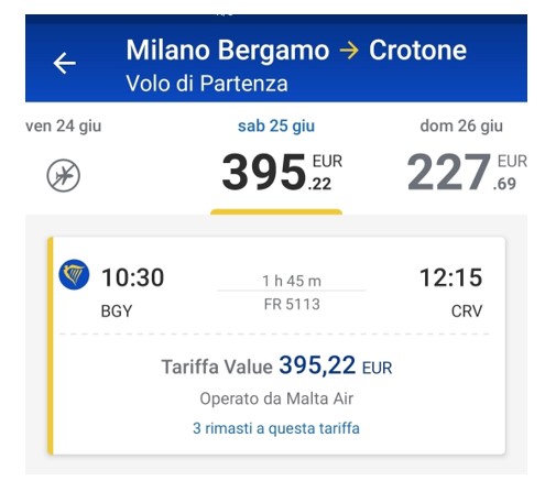 volo bergamo crotone
