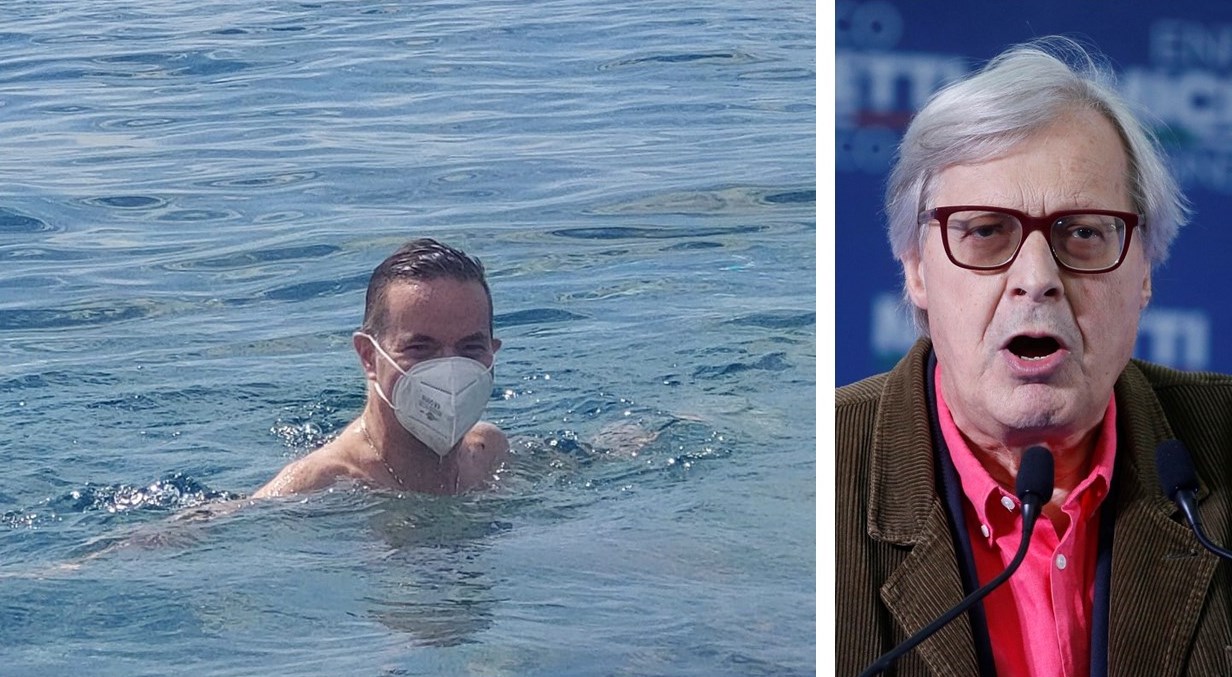 bagno klaus davi mascherina sgarbi