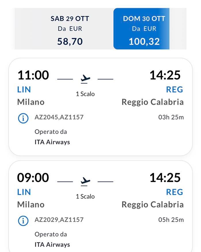milano reggio volo 30 ottobre 2022