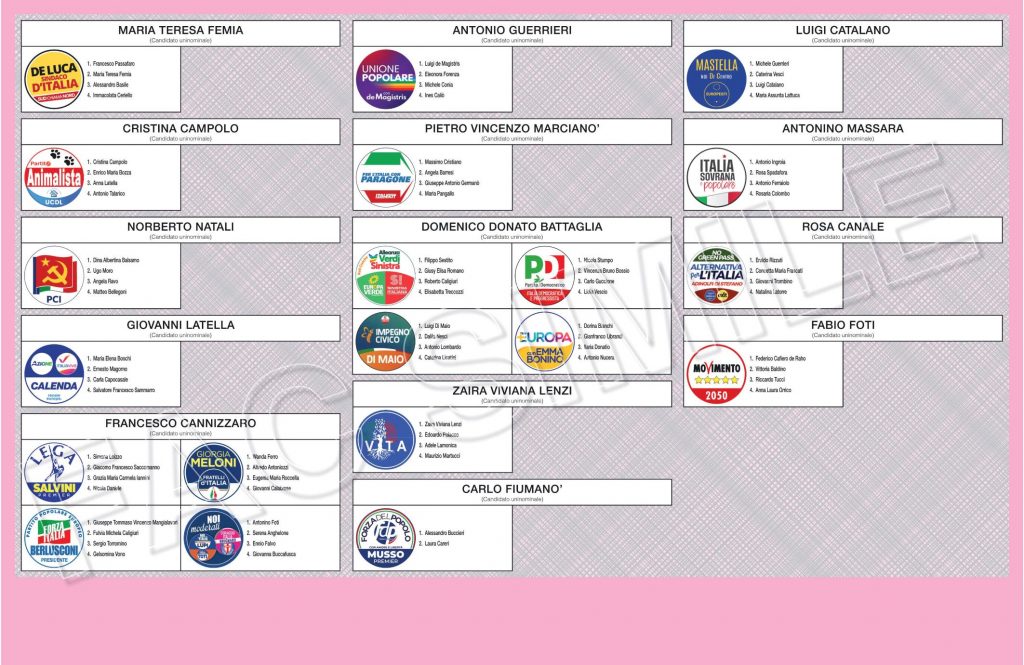 Fac Simile scheda elettorale Camera elezioni 2022
