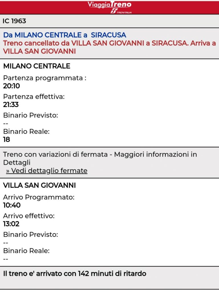 Treno Milano-Siracusa soppresso