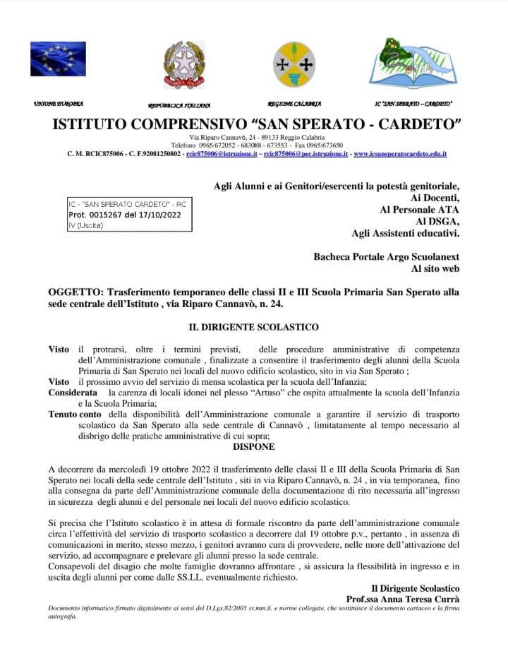 Circolare Istituto comprensivo San Sperato - Cardeto
