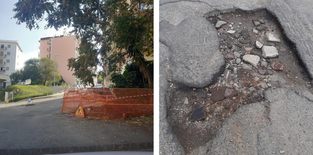 strada disastrata nei pressi di Architettura Reggio Calabria