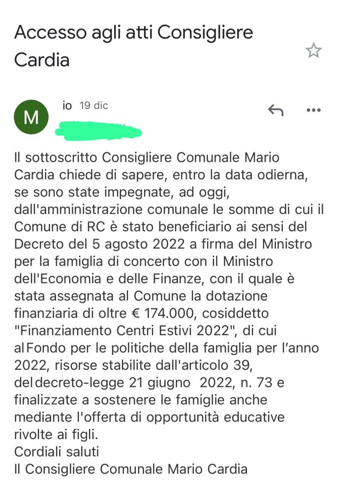 centri estivi mario cardia accesso agli atti