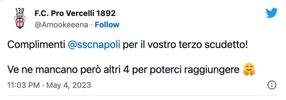 Tweet Pro Vercelli sfottò Napoli