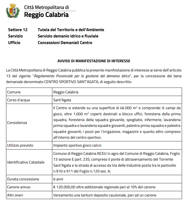 bando centro sportivo sant'agata