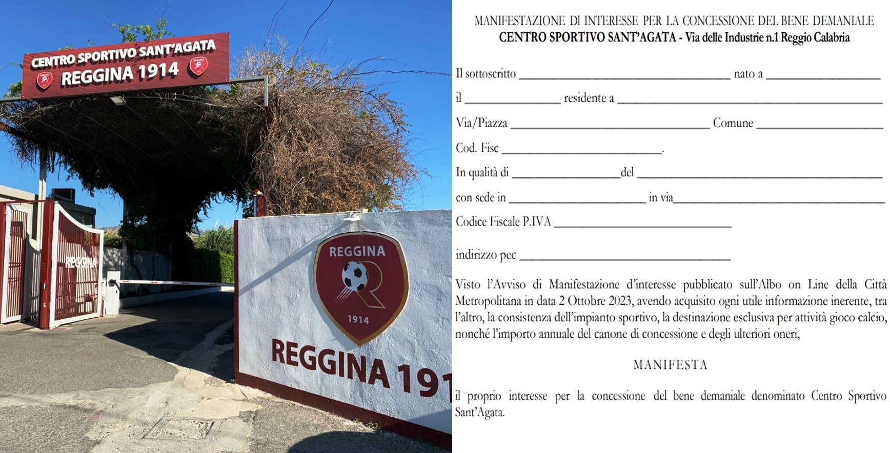reggina centro sportivo sant’agata manifestazione d’interesse