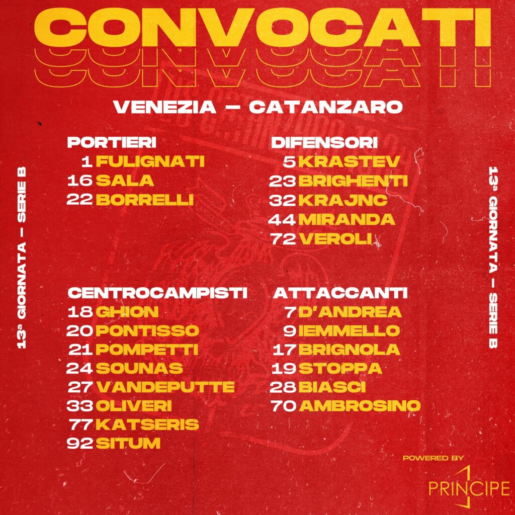 venezia catanzaro convocati vivarini