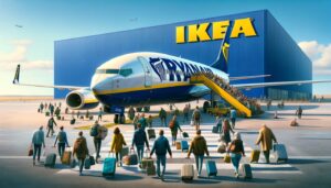 Passeggeri Ryanair che scendono dall'aereo per dirigersi all'Ikea