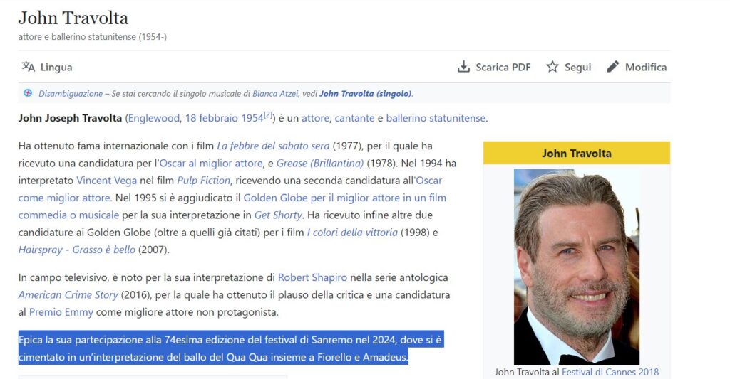John Travolta su Wikipedia