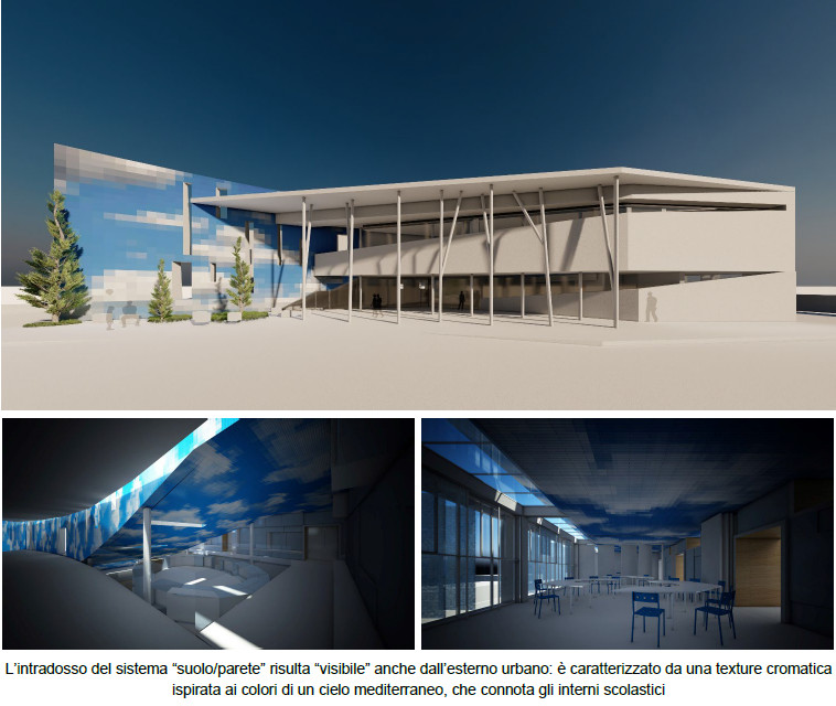 Rendering interno ed esterno nuovo plesso scolastico di Spadafora