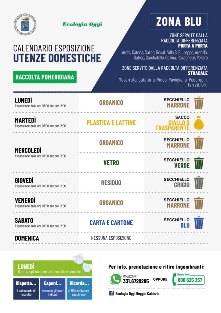 Calendario raccolta differenziata ecologia oggi zona blu