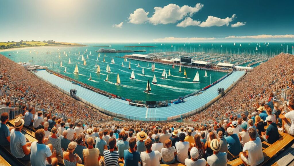 Stadio pieno di spettatori sul mare