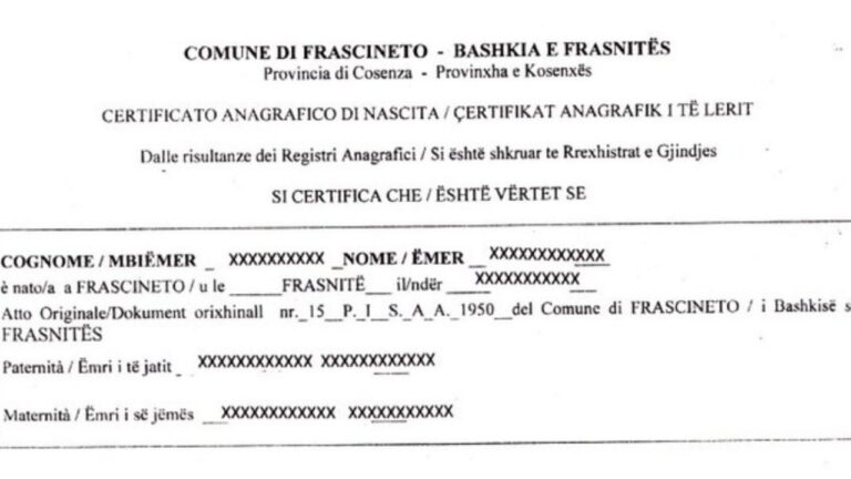 certificato in lingua albanese Frascineto