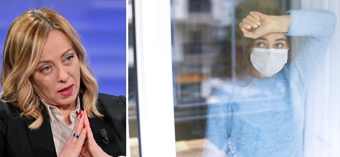 Giorgia Meloni e persone chiuse in casa per lockdown Covid