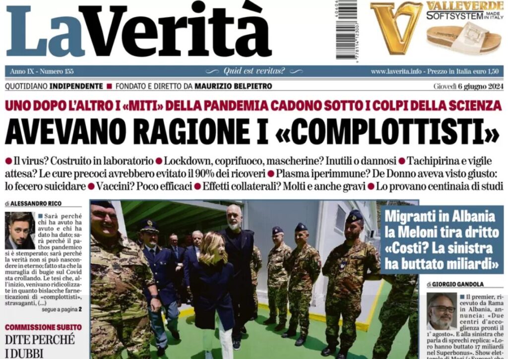 Titolo prima pagina La Verità 6 giugno 2024
