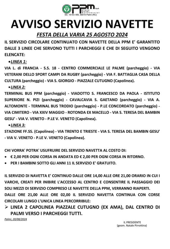 Avviso Bus navette varia palmi 2024