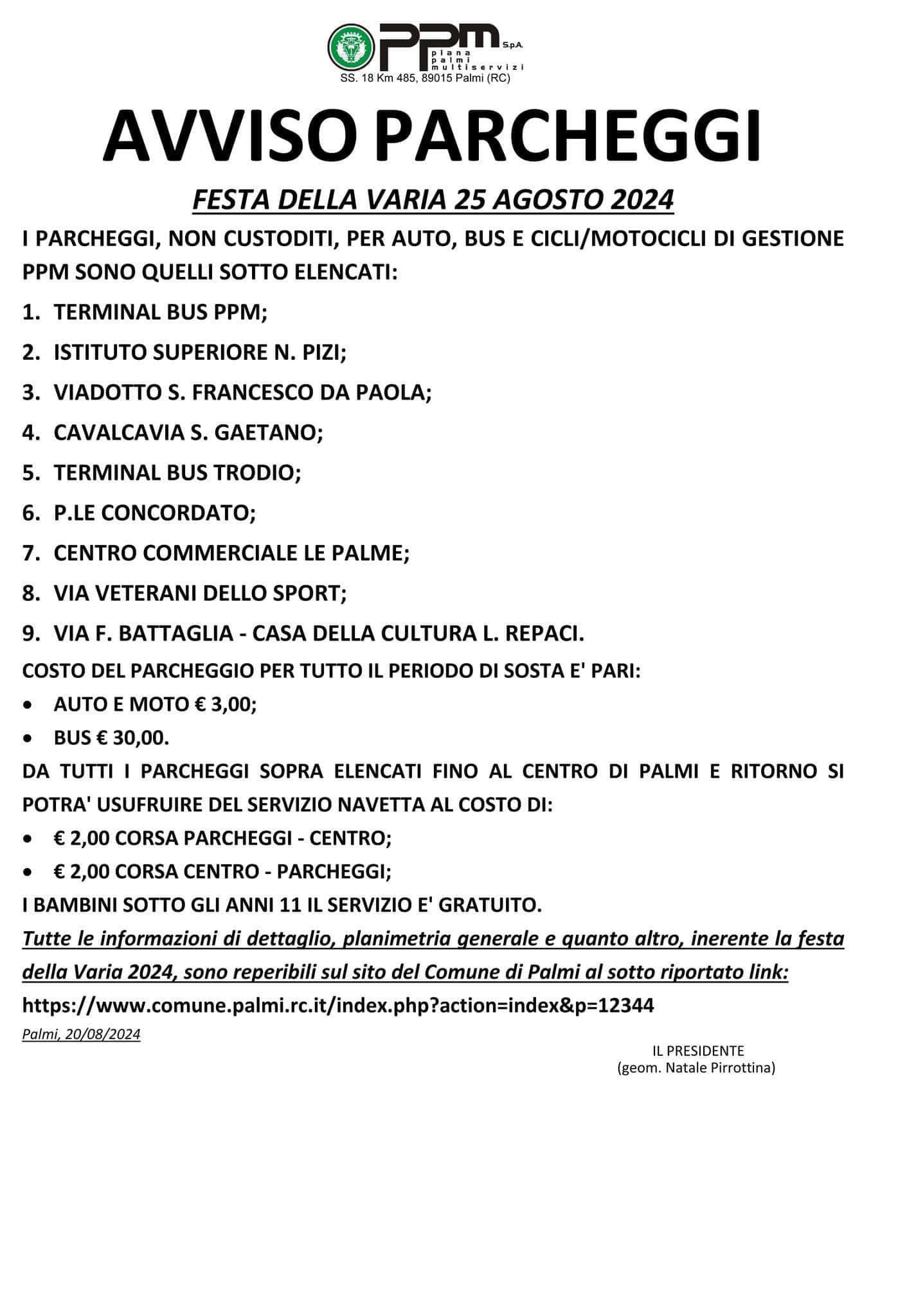 avviso parcheggi Varia Palmi 2024