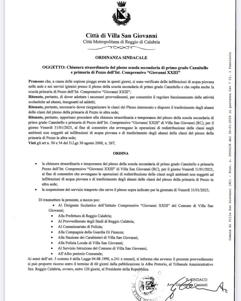 Ordinanza Sindaco Villa San Giovanni di chiusura di due scuole