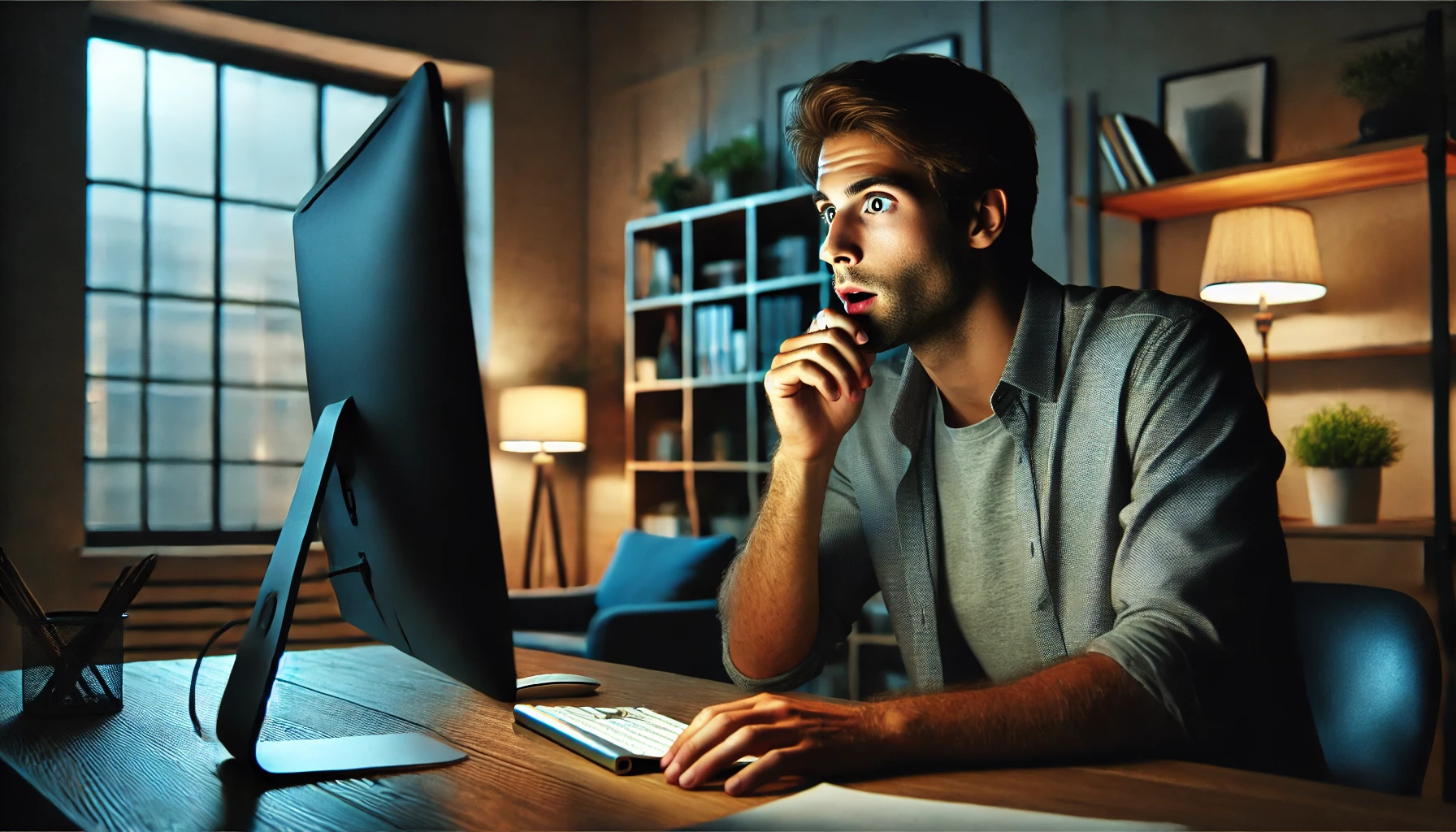 uomo che guarda colpito il computer