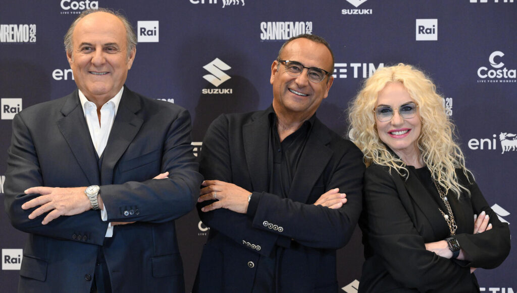 Gerry Scotti, Carlo Conti e Antonella Clerici Sanremo 2025