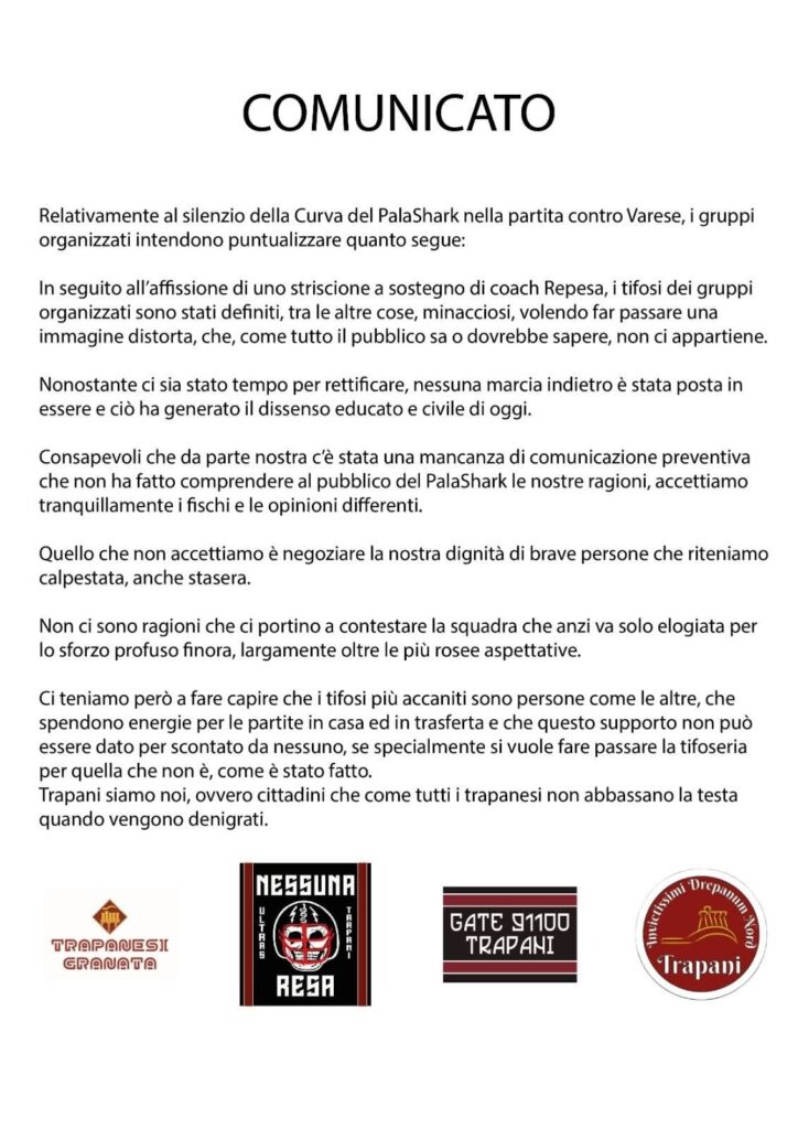 comunicato tifo organizzato trapani shark