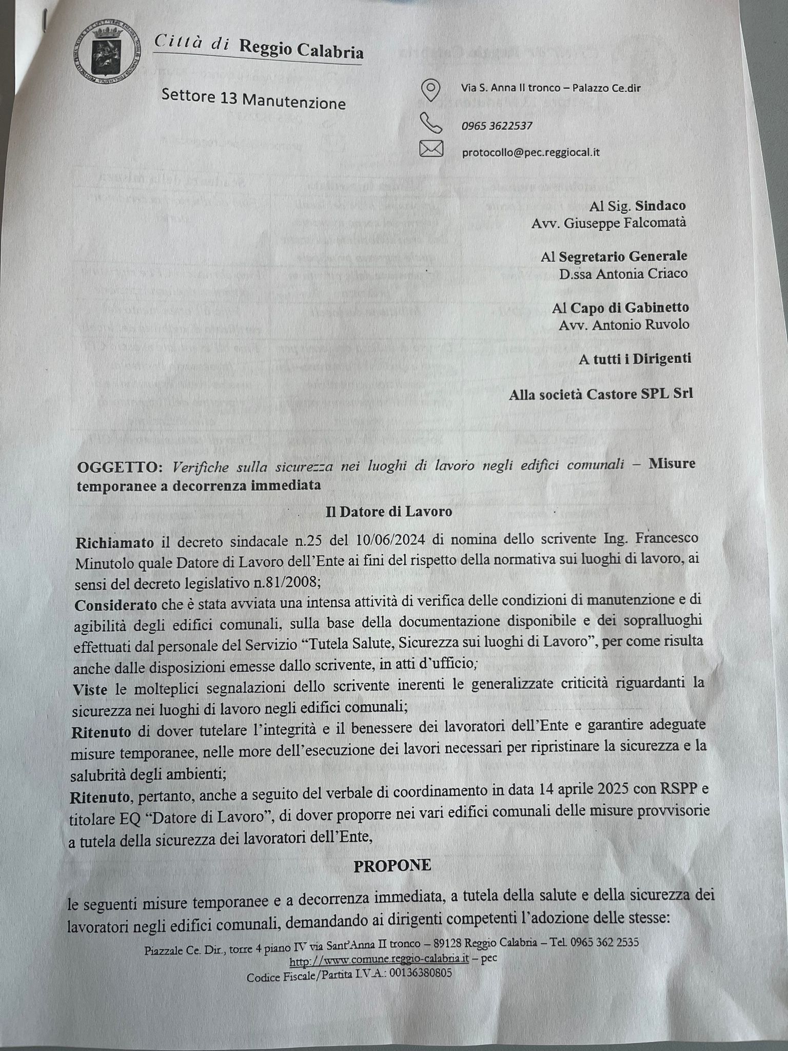 Comunicazione Minutolo - uffici comunali non agibili comune Reggio Calabria