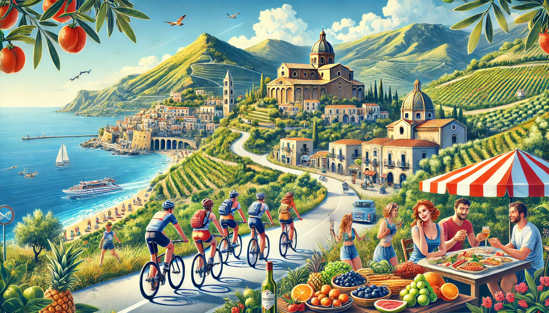 Cicloturismo tra natura e sapori, ciclisti con paesaggio