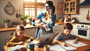 Mamma che concilia lavoro e vita privata in famiglia