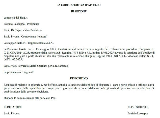 dispositivo sentenza reclamo reggina