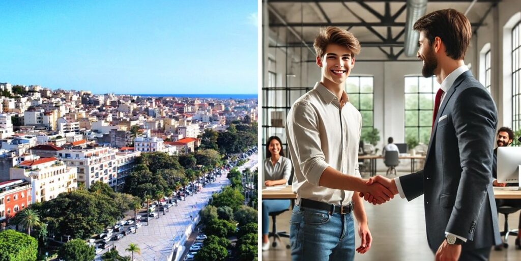 reggio dall'alto e giovane stringe la mano al capo per il nuovo lavoro