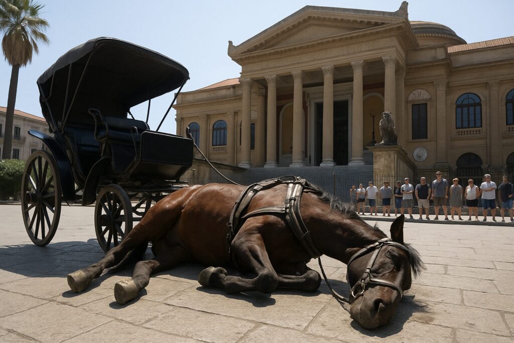 Cavallo cade a terra per il caldo