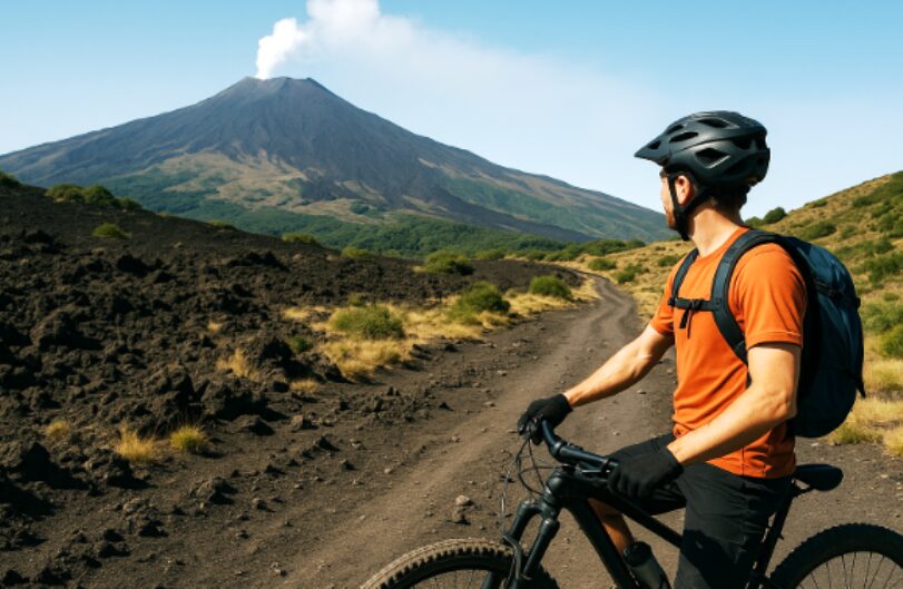 Ciclista in bici sotto l'Etna