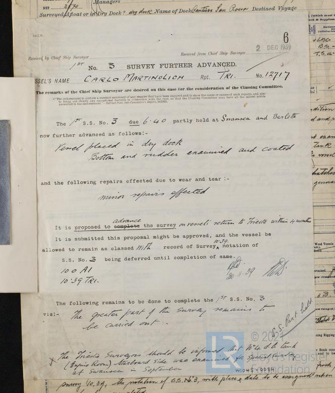Note del registro Navale LLoyd di Londra riguardo la nave Carlo Martinolich, 30 Novembre 1939
