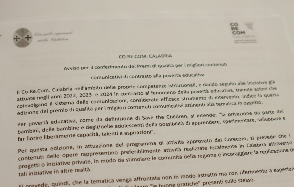 presentazione premio contro povertà educativa del corecom calabria
