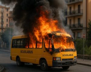 scuolabus in fiamme