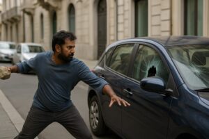 uomo lancia pietre contro le auto