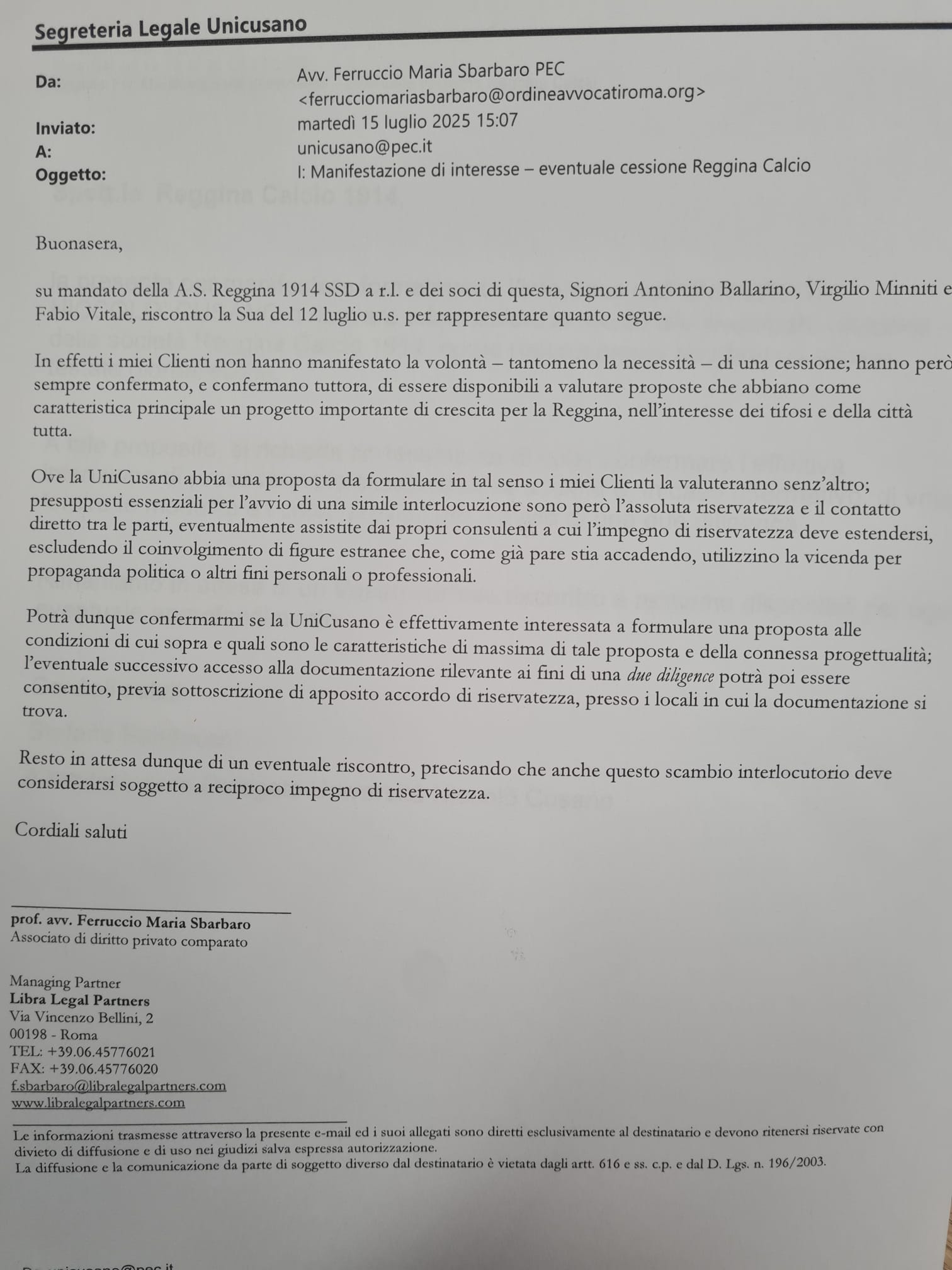 Pec risposta Ballarino a Bandecchi