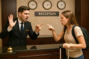 addetto reception e turista litigano in hotel